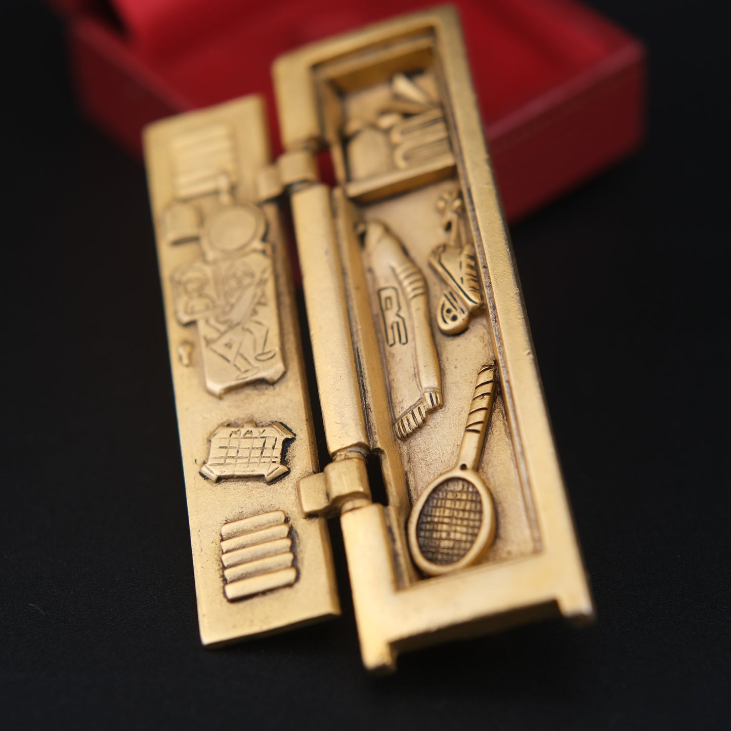 Vintage AJC Gold-Tone Sports Locker Brooch – Movable Hinged Design with Miniature Sports Gear Inside