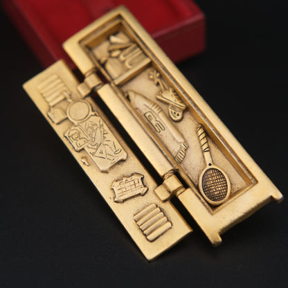 Vintage AJC Gold-Tone Sports Locker Brooch – Movable Hinged Design with Miniature Sports Gear Inside