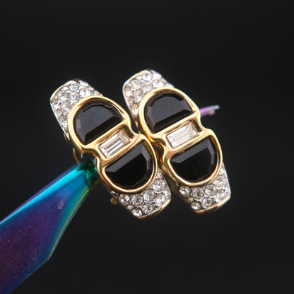 ❤️ Vintage Swarovski S.A.L. Black Crystal & Clear Rhinestone Clip-On Earrings