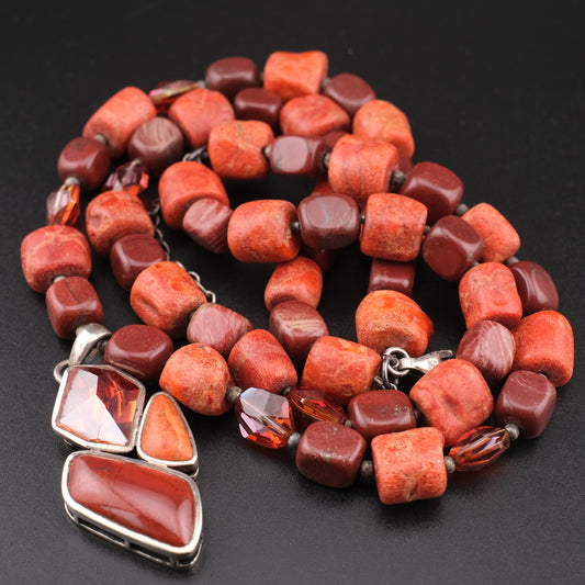 Vintage Barse Red Coral & Jasper Multi-Strand Necklace with Sterling Silver Pendant