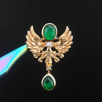 ❤️ Vintage Grossé Germany Gold Tone Phoenix Brooch with Green Glass Drops