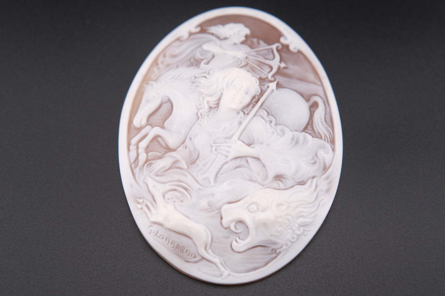 Large Hand-Carved Shell Cameo Plaque – Signed G. Lombardo & Di Luca – Classical Chariot Scene – Loose Unmounted