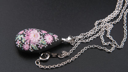 Toshikane Arita Double-Sided Porcelain Chrysanthemum Pendant Necklace with Sterling Silver Chain