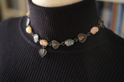 Vintage Jay Strongwater Floral Leaf Necklace with Murano-Style Art Glass & Rhinestones