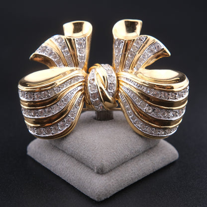 ❤️ Vintage Gold Tone Rhinestone Sculptural Bow Brooch Large Dimensional Ribbon Pin