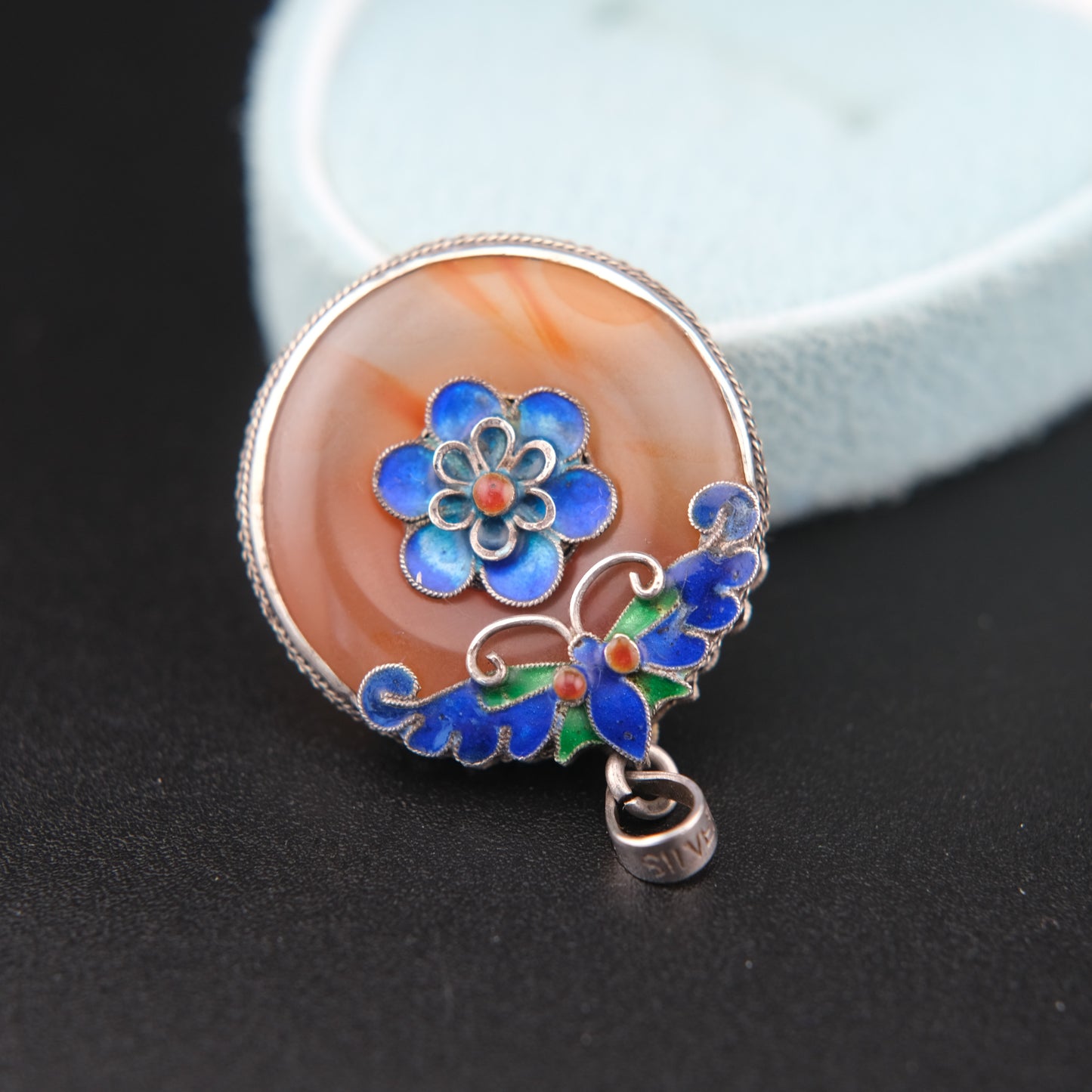 ❤️ Vintage Chinese Carnelian Butterfly & Flower Enamel Silver Pendant