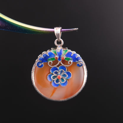 ❤️ Vintage Chinese Carnelian Butterfly & Flower Enamel Silver Pendant