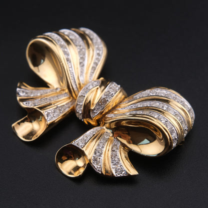 ❤️ Vintage Gold Tone Rhinestone Sculptural Bow Brooch Large Dimensional Ribbon Pin