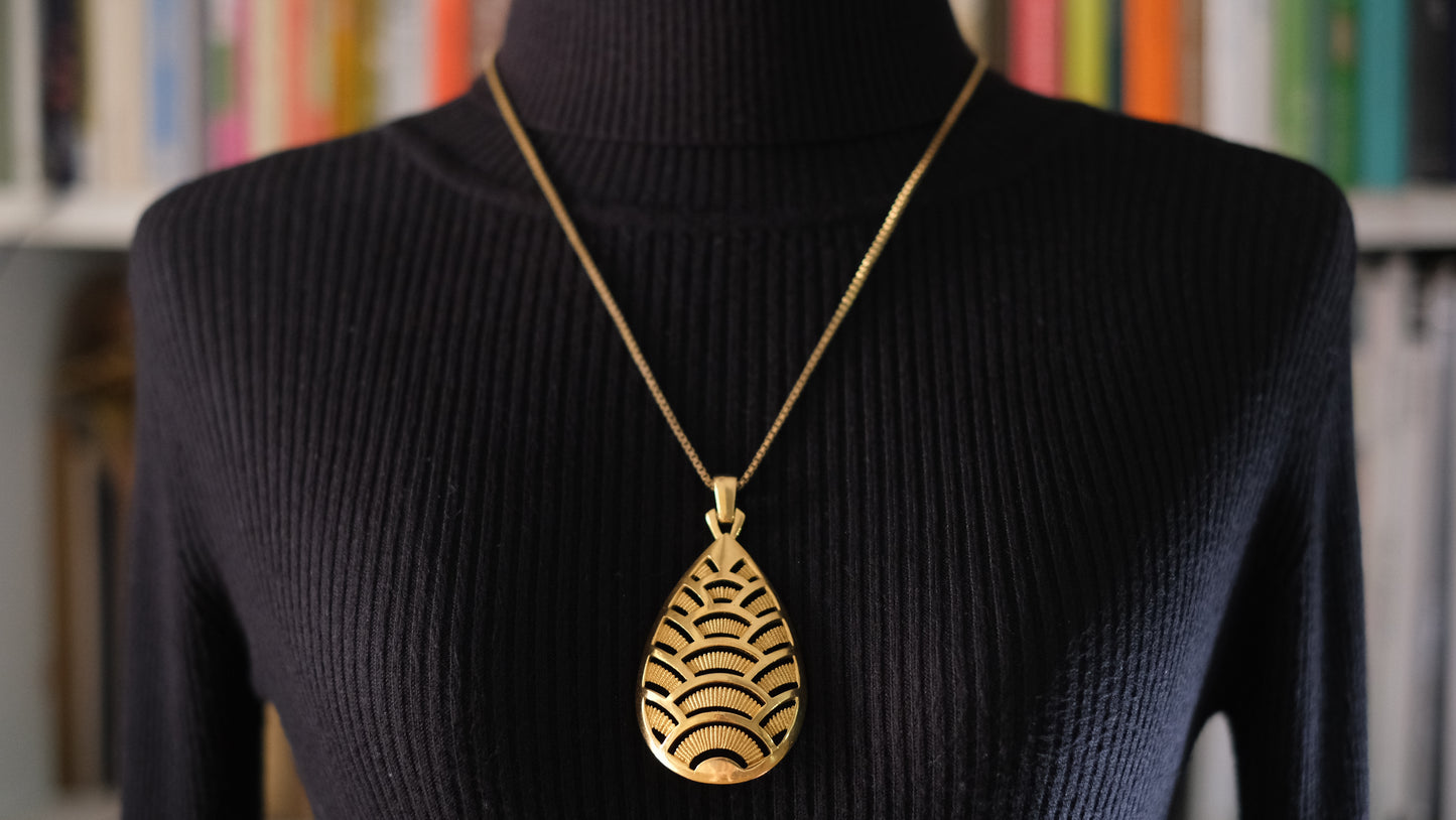 Vintage Crown Trifari Fan Motif Pendant – Gold-Tone Modernist Leaf Design – 1960s Pendant Only