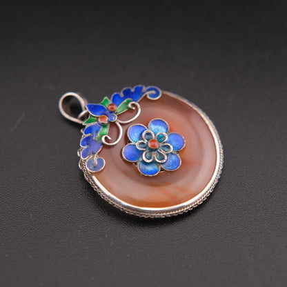 ❤️ Vintage Chinese Carnelian Butterfly & Flower Enamel Silver Pendant