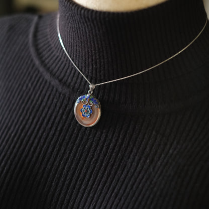 ❤️ Vintage Chinese Carnelian Butterfly & Flower Enamel Silver Pendant