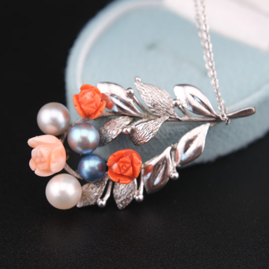 ❤️ Vintage Silver Floral Pendant Necklace with Carved Coral Roses & Pearls