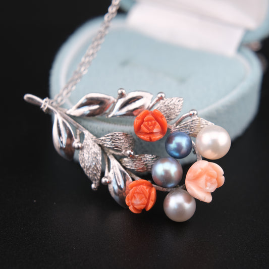 ❤️ Vintage Silver Floral Pendant Necklace with Carved Coral Roses & Pearls