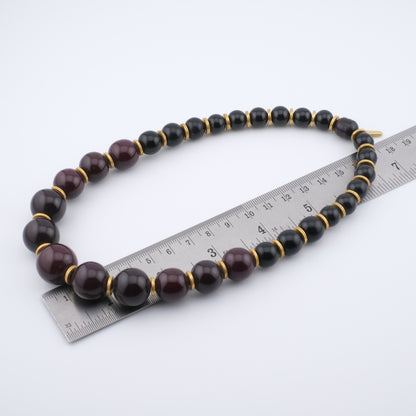 Vintage Yves Saint Laurent Bead Necklace – Black & Deep Red Resin Beads with Gold Accents, 14"
