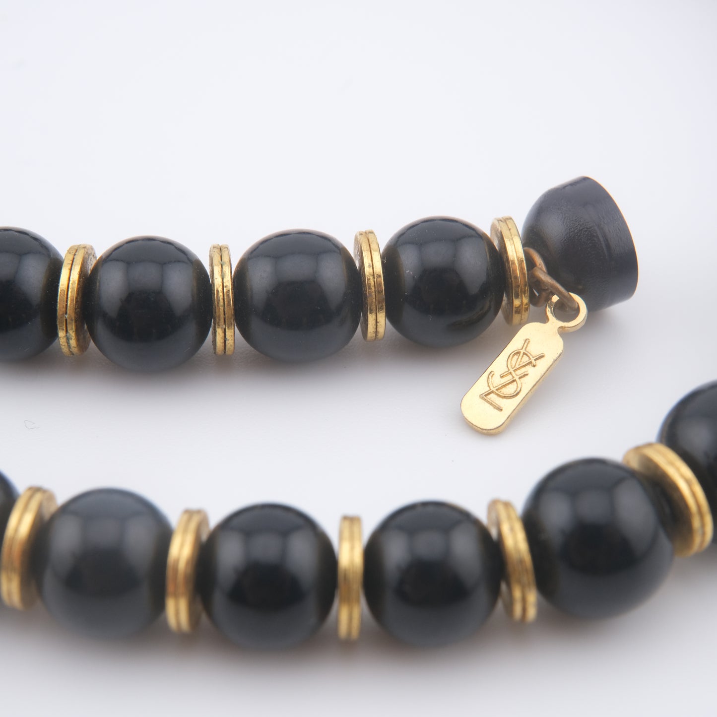 Vintage Yves Saint Laurent Bead Necklace – Black & Deep Red Resin Beads with Gold Accents, 14"