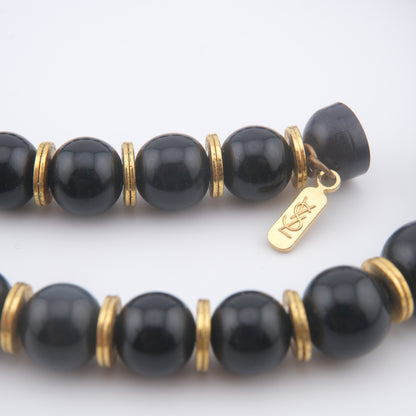 Vintage Yves Saint Laurent Bead Necklace – Black & Deep Red Resin Beads with Gold Accents, 14"