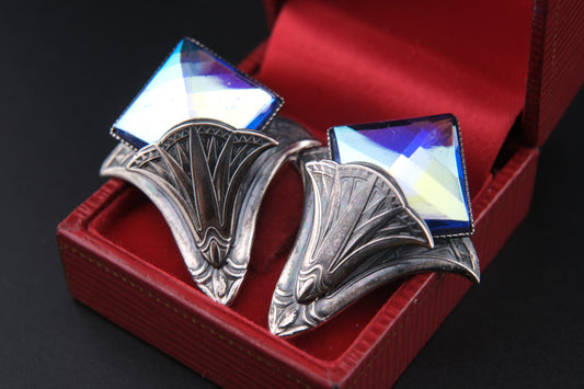 Ermani Bulatti Art Deco Clip-On Earrings with Blue Iridescent Glass