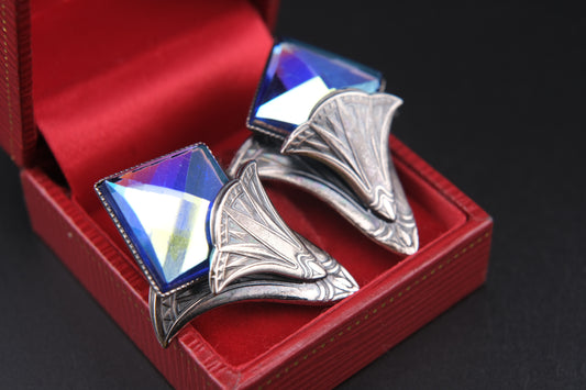 Ermani Bulatti Art Deco Clip-On Earrings with Blue Iridescent Glass