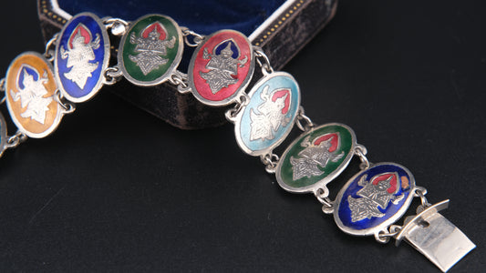 1950s Siam Sterling Dancer Panel Bracelet – Multicolor Enamel on Sterling Silver