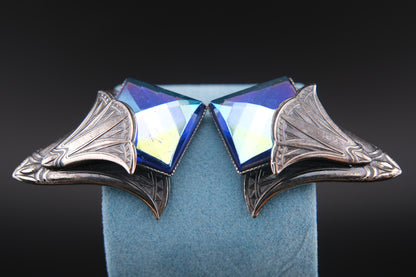 Ermani Bulatti Art Deco Clip-On Earrings with Blue Iridescent Glass