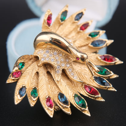 ❤️ Carven Jeweled Peacock Brooch – Gold Tone Multicolor Crystal Fan Design