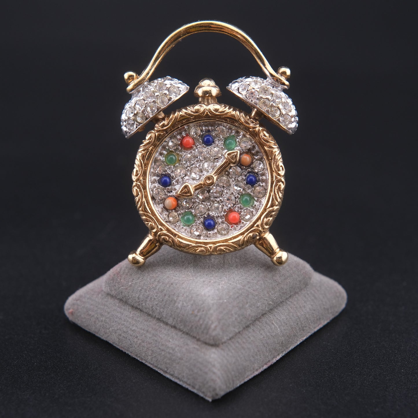 ❤️ Vintage June Alarm Clock Brooch Rhinestones & Colorful Cabochons