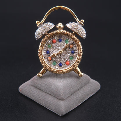 ❤️ Vintage June Alarm Clock Brooch Rhinestones & Colorful Cabochons