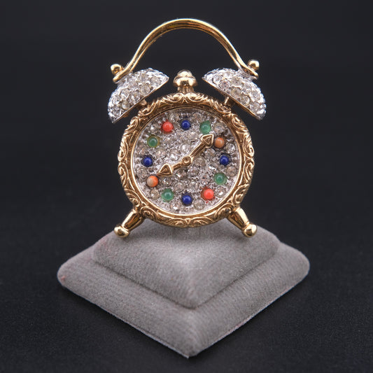 ❤️ Vintage June Alarm Clock Brooch Rhinestones & Colorful Cabochons