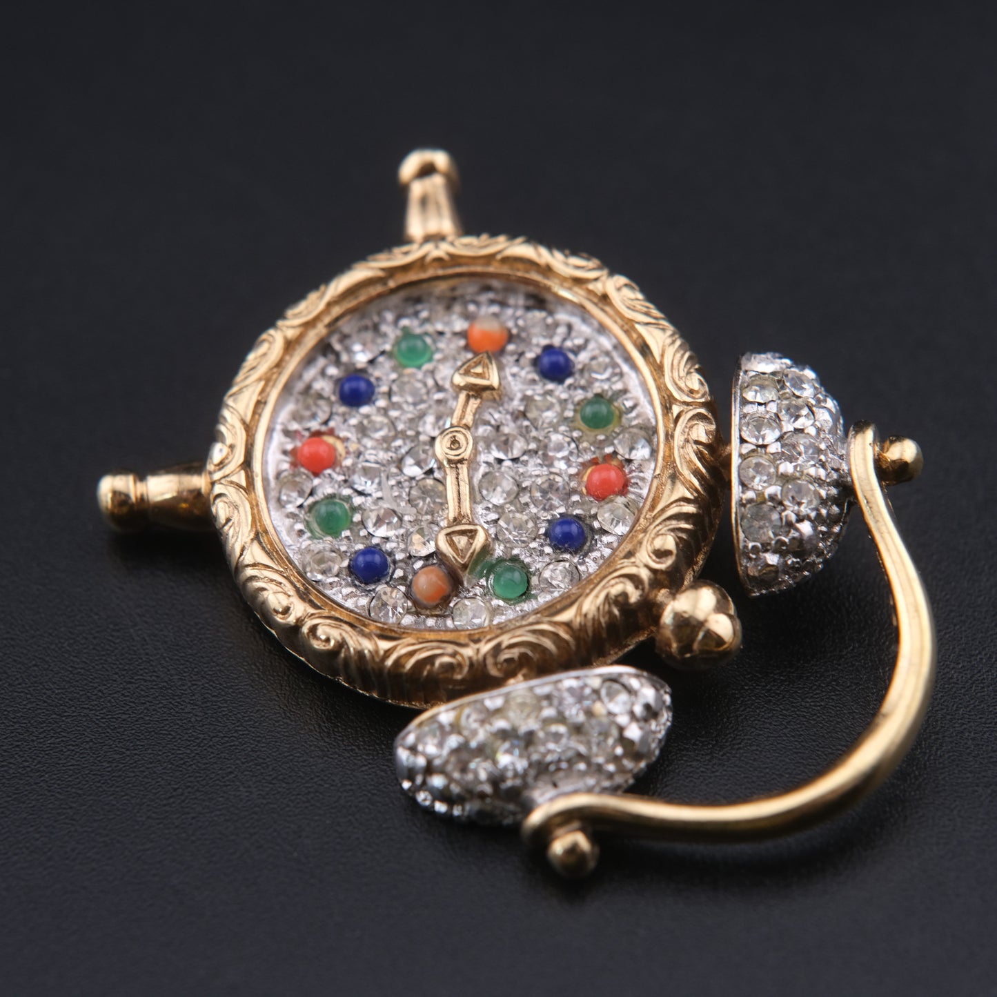 ❤️ Vintage June Alarm Clock Brooch Rhinestones & Colorful Cabochons