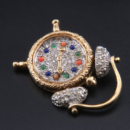 ❤️ Vintage June Alarm Clock Brooch Rhinestones & Colorful Cabochons