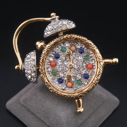 ❤️ Vintage June Alarm Clock Brooch Rhinestones & Colorful Cabochons