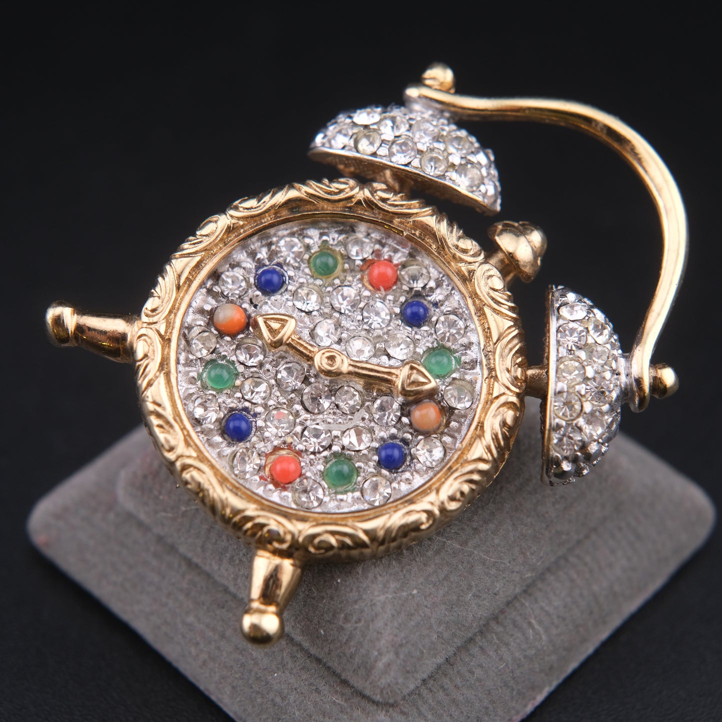 ❤️ Vintage June Alarm Clock Brooch Rhinestones & Colorful Cabochons