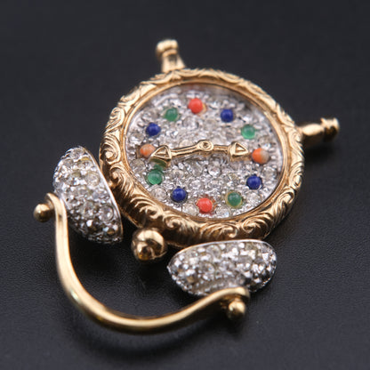 ❤️ Vintage June Alarm Clock Brooch Rhinestones & Colorful Cabochons