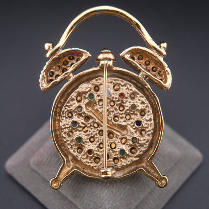 ❤️ Vintage June Alarm Clock Brooch Rhinestones & Colorful Cabochons