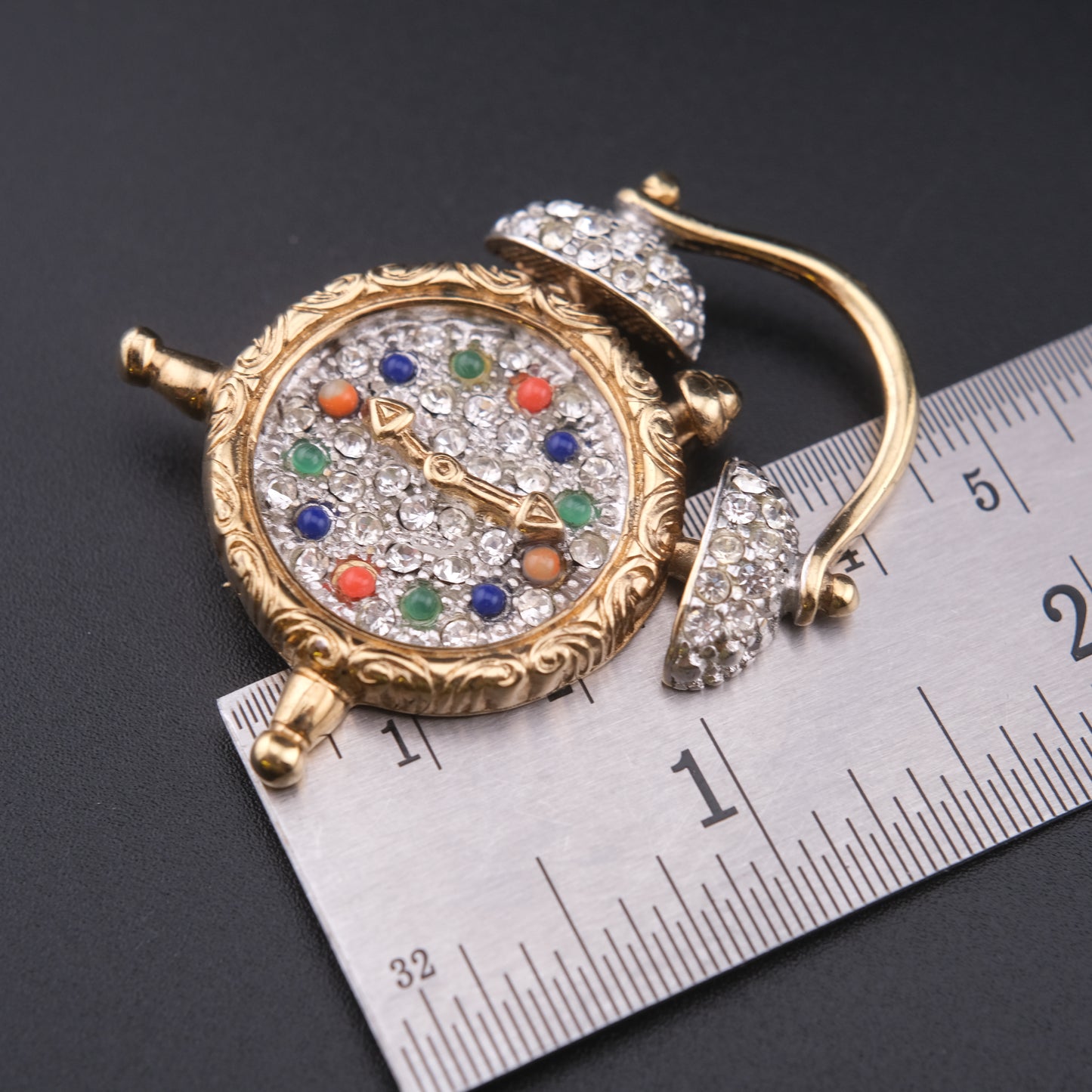 ❤️ Vintage June Alarm Clock Brooch Rhinestones & Colorful Cabochons