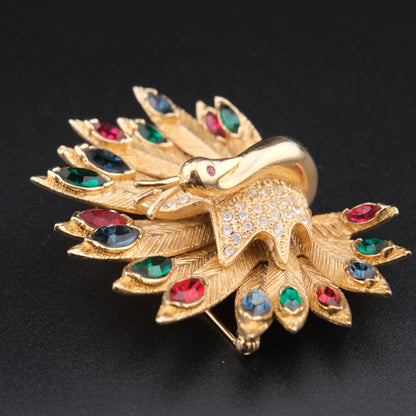 ❤️ Carven Jeweled Peacock Brooch – Gold Tone Multicolor Crystal Fan Design