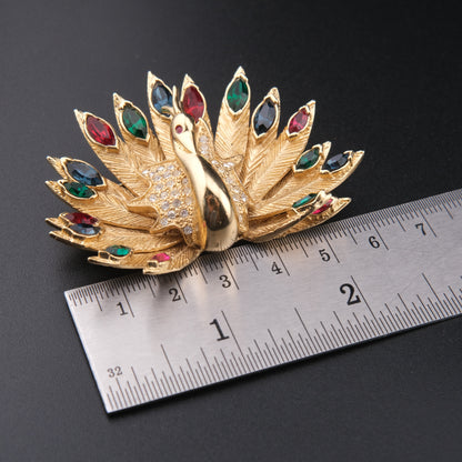 ❤️ Carven Jeweled Peacock Brooch – Gold Tone Multicolor Crystal Fan Design