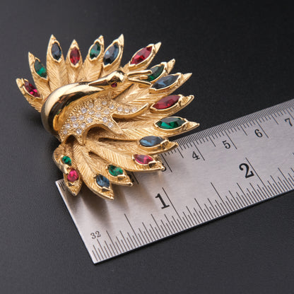❤️ Carven Jeweled Peacock Brooch – Gold Tone Multicolor Crystal Fan Design