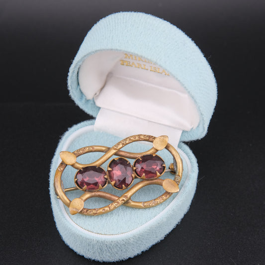 ❤️ Antique Victorian c.1900 Eternal Love Celtic Knot Brooch with Garnet-Red Paste Stones