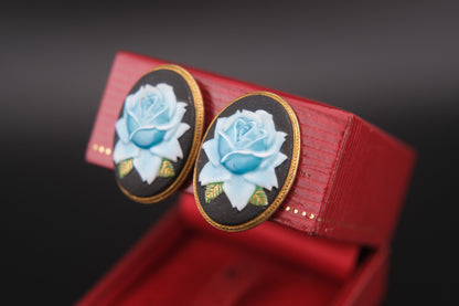 Vintage Toshikane Arita Blue Rose Earrings – Hand-Painted Porcelain Screw Backs – Made in Japan