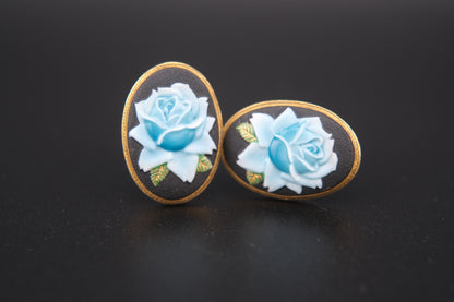 Vintage Toshikane Arita Blue Rose Earrings – Hand-Painted Porcelain Screw Backs – Made in Japan