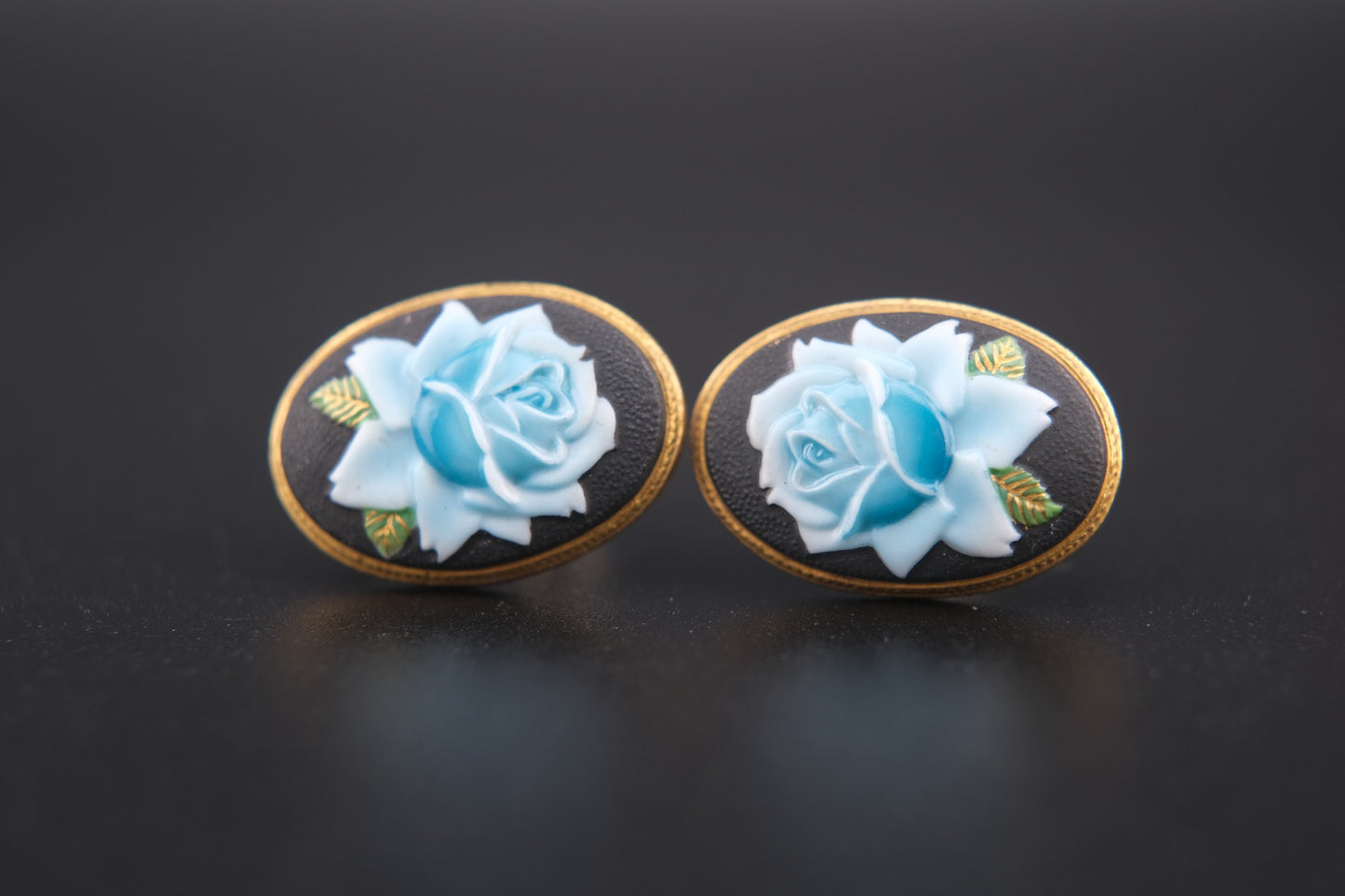 Vintage Toshikane Arita Blue Rose Earrings – Hand-Painted Porcelain Screw Backs – Made in Japan