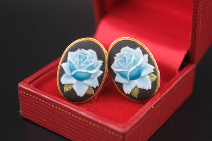 Vintage Toshikane Arita Blue Rose Earrings – Hand-Painted Porcelain Screw Backs – Made in Japan