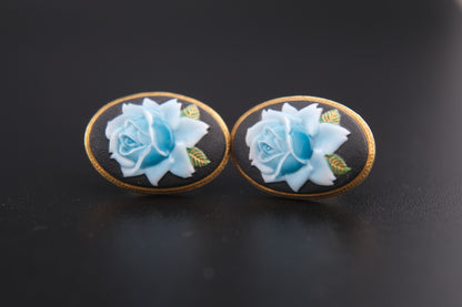 Vintage Toshikane Arita Blue Rose Earrings – Hand-Painted Porcelain Screw Backs – Made in Japan