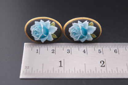 Vintage Toshikane Arita Blue Rose Earrings – Hand-Painted Porcelain Screw Backs – Made in Japan