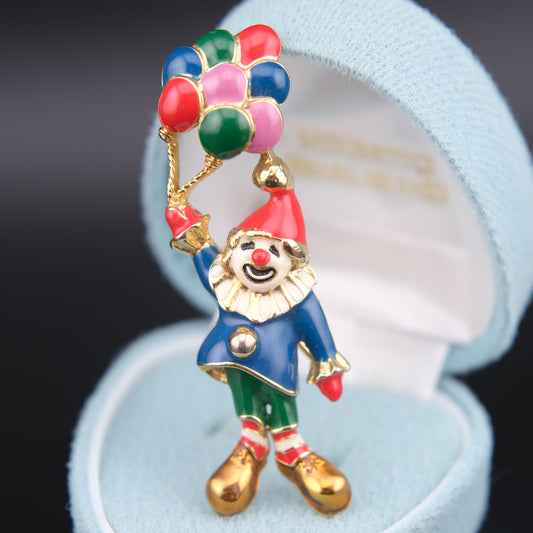 ❤️ Vintage Signed TAT Enamel Clown Balloon Brooch – Gold Tone Whimsical Pin