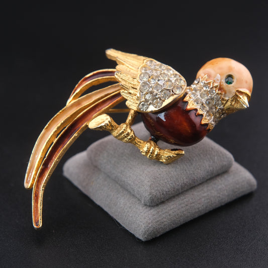 ❤️ Vintage Gold Tone Enamel Bird Brooch with Rhinestones, Multicolor Tail