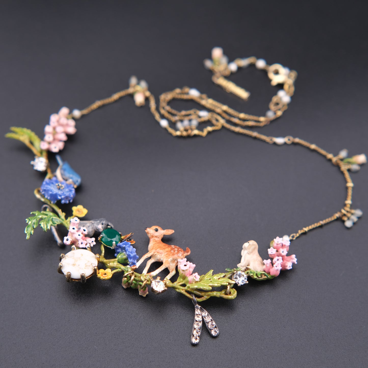 ❤️ Les Néréides Enamel Woodland Charm Necklace with Deer & Floral Motif – 16"
