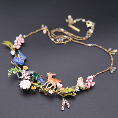 ❤️ Les Néréides Enamel Woodland Charm Necklace with Deer & Floral Motif – 16"