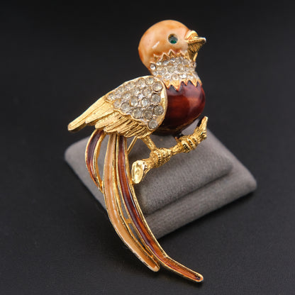 ❤️ Vintage Gold Tone Enamel Bird Brooch with Rhinestones, Multicolor Tail